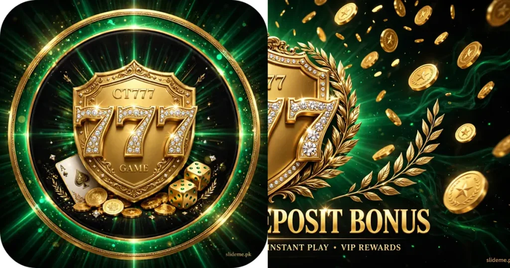 CT777 Game slots and Teen Patti gameplay showcase on a gold and green casino lobby screen