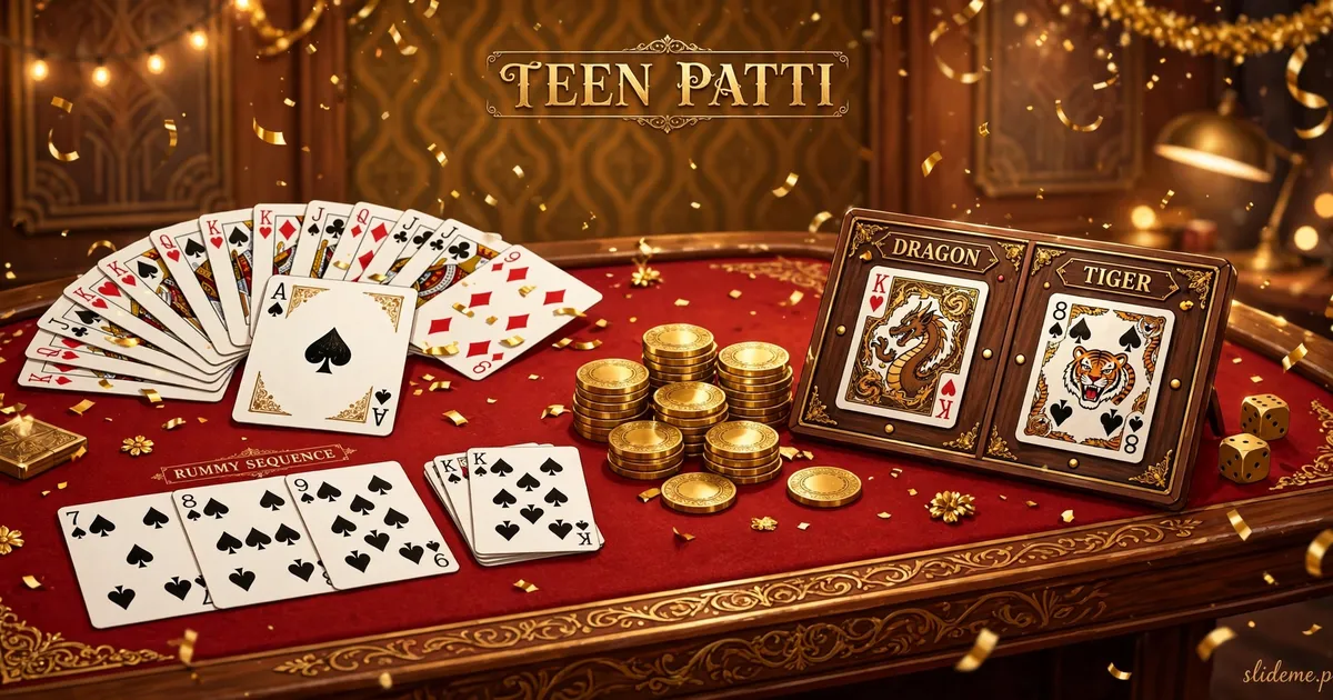Teen Patti Happy Club games table showing Teen Patti, Rummy sequence and Dragon Tiger cards