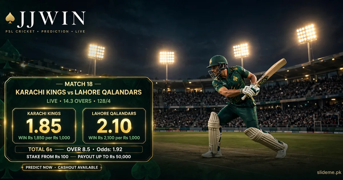 JJWIN PSL sportsbook banner: night cricket stadium with batsman and glowing odds