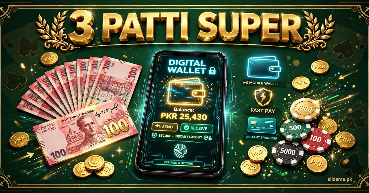 3 Patti Super payments banner with smartphone wallet, PKR 100 note and coins for JazzCash and EasyPaisa withdrawals