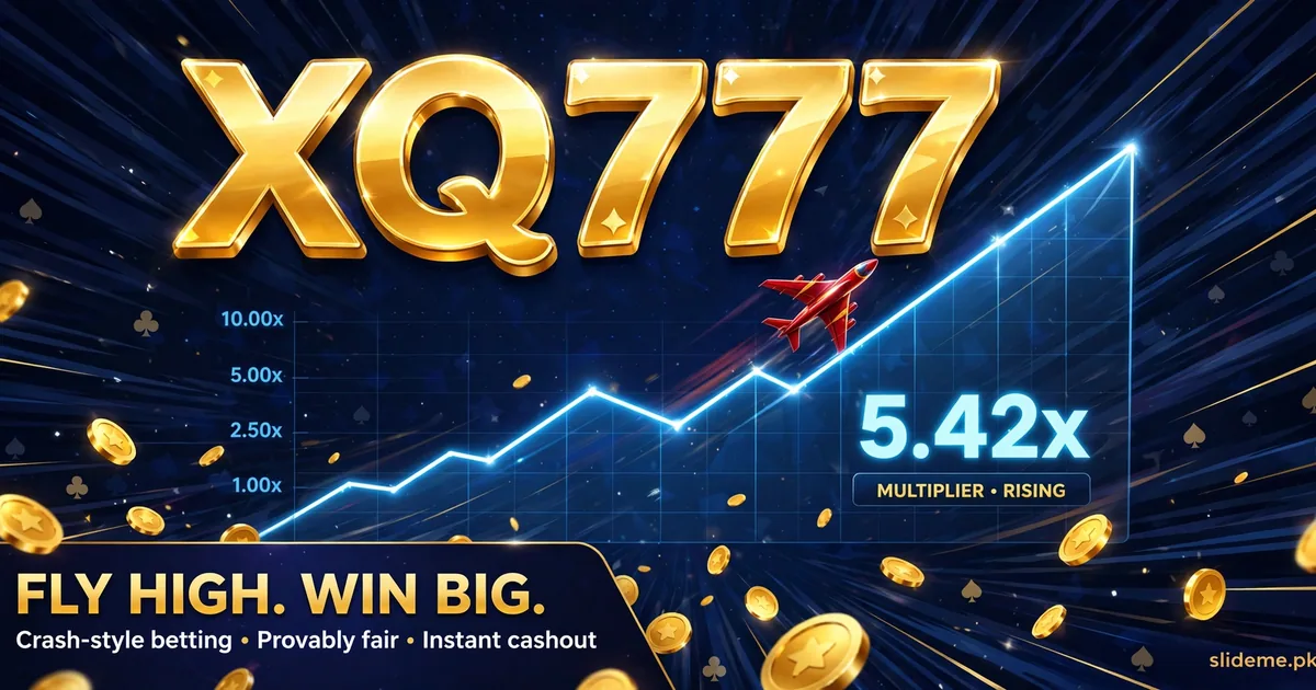 XQ777 Game Aviator banner with a red plane, rising multiplier graph and gold coins, slideme.pk