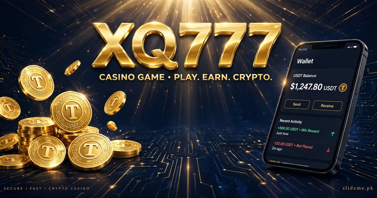 XQ777 Game crypto banner with USDT digital coins and a smartphone wallet, slideme.pk