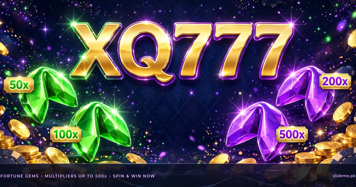 XQ777 Game Fortune Gems banner with glowing gems, multipliers and gold coins, slideme.pk