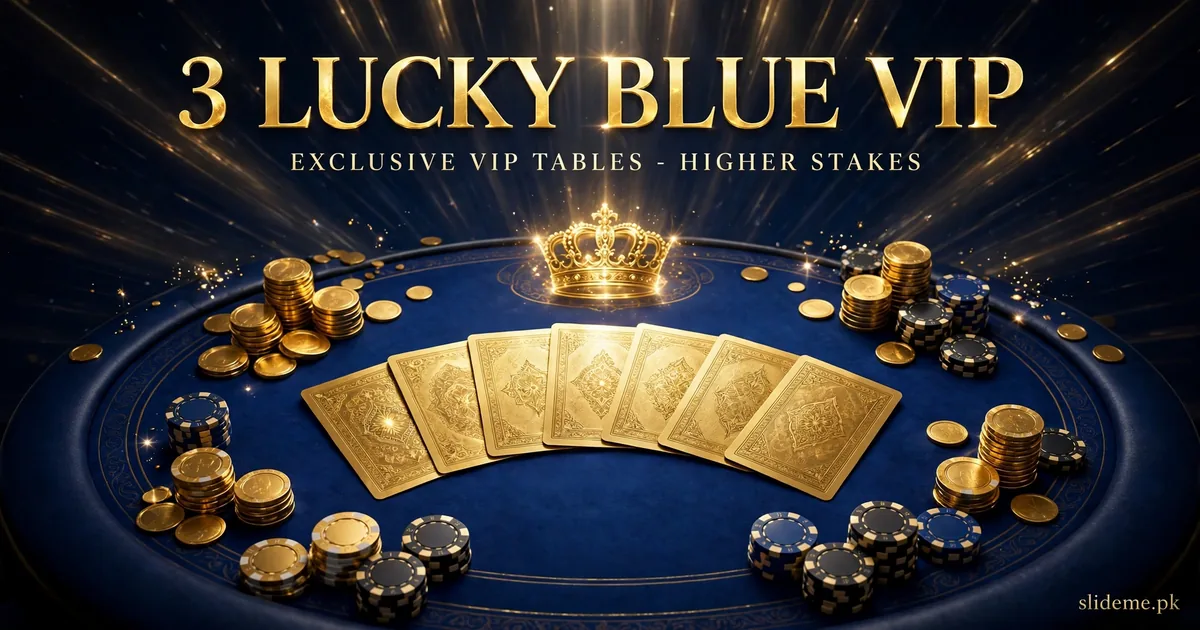 3 Lucky Blue VIP exclusive VIP tables with gold playing cards on a royal blue casino table