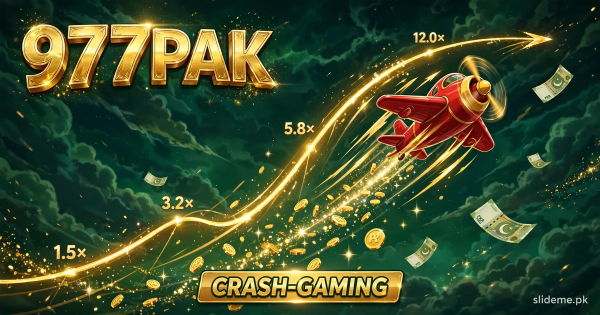 977PAK Aviator crash game banner — red airplane climbing a rising multiplier curve with PKR rewards