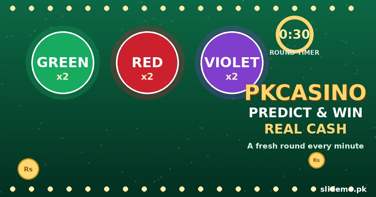 PKCasino color prediction game — Green Red Violet prediction buttons with round timer