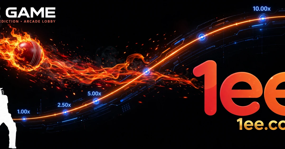 1EE Game crash lobby banner — Aviator-style multiplier curve with flaming cricket ball and 1ee branding