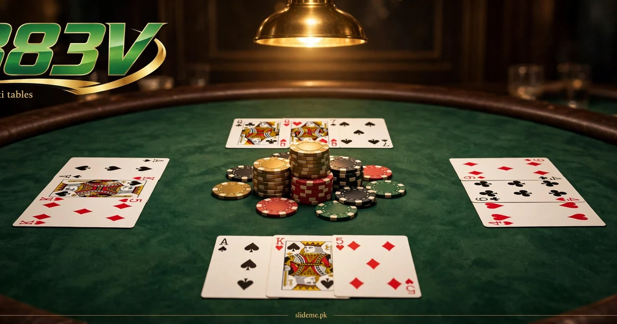 Teen Patti card table scene on 883V Game with poker chips and the 883V brand logo