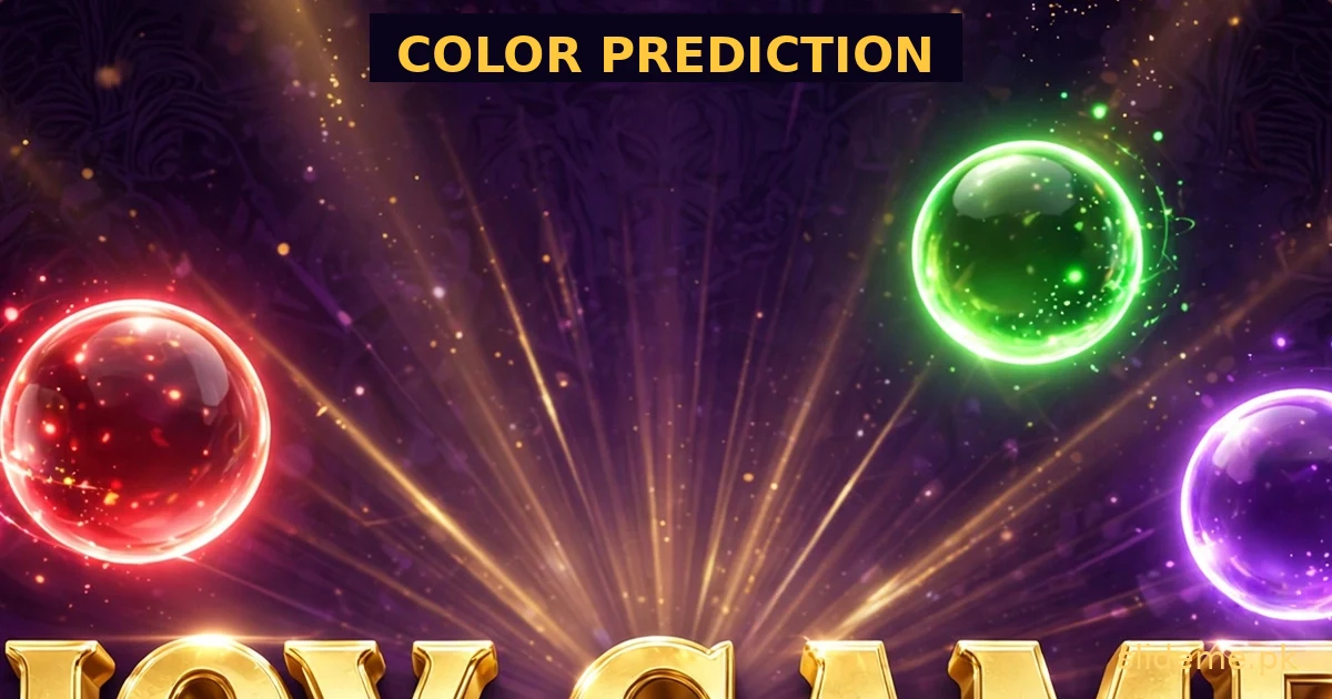 Joy Game color prediction banner — glowing red, green and violet prediction balls with gold light rays