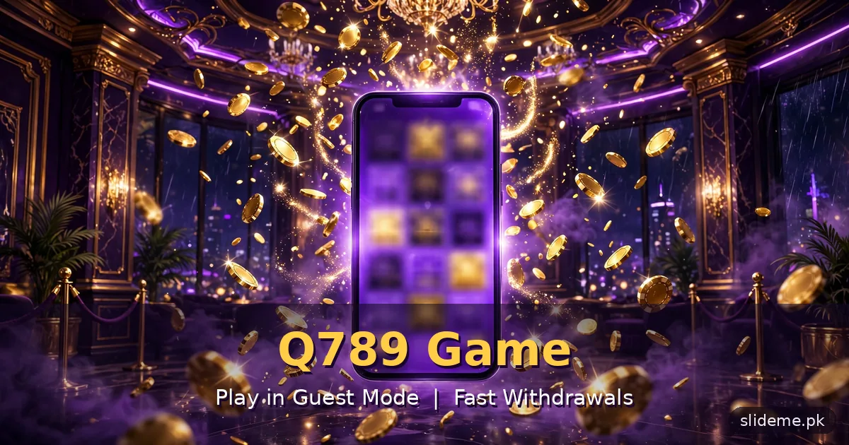 Q789 Game guest mode and fast withdrawals on a purple casino lobby banner