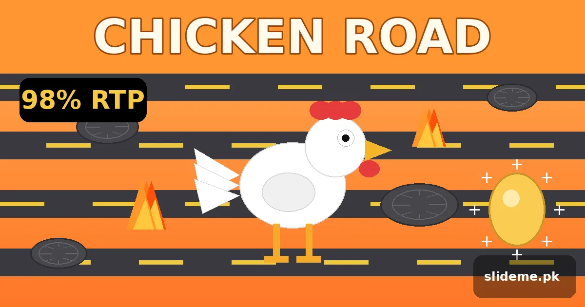 Chicken Road crash game artwork — cartoon white chicken with red comb crossing a manhole-covered road toward a golden egg