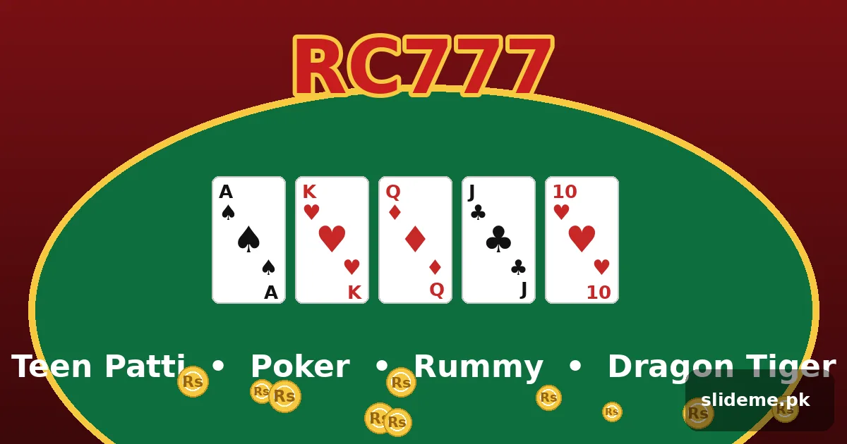 RC777 card room with green felt table, fanned playing cards and Teen Patti tables