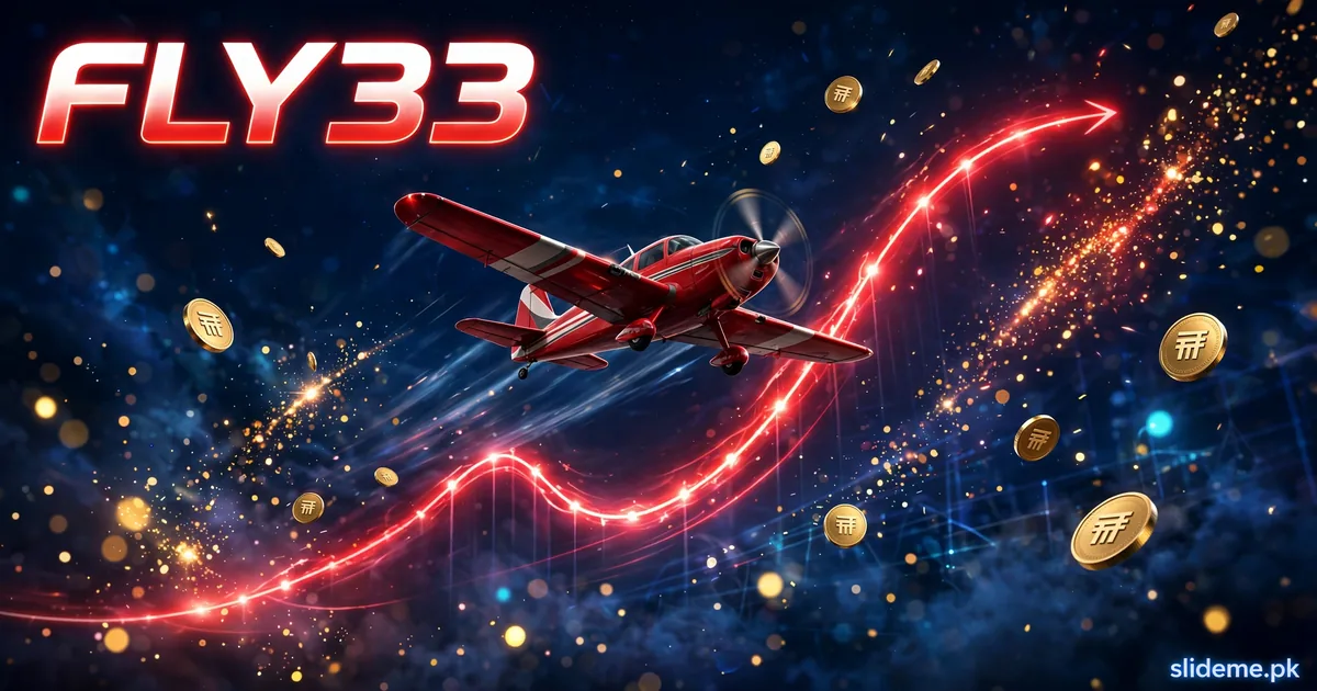 Fly33 Aviator crash game with red plane soaring beside a rising red multiplier curve and PKR coins
