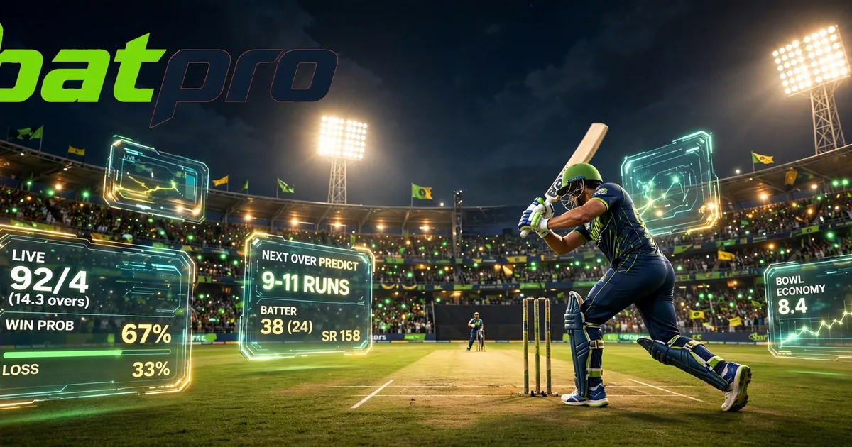 Batpro live cricket match prediction banner showing PSL night stadium with in-play odds panels