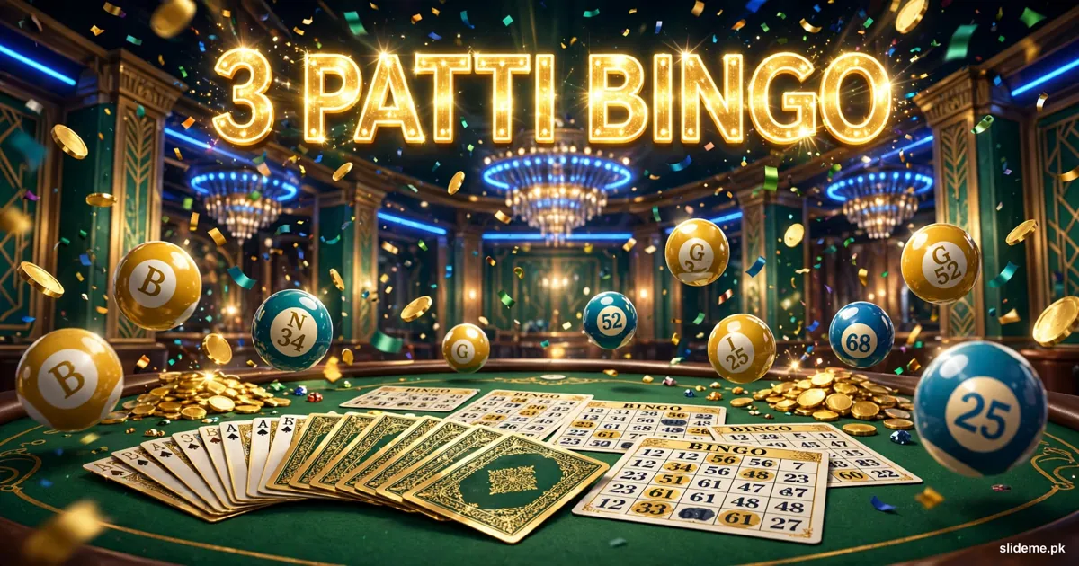 3 Patti Bingo casino lobby with poker table, gold-trimmed cards and tumbling bingo balls