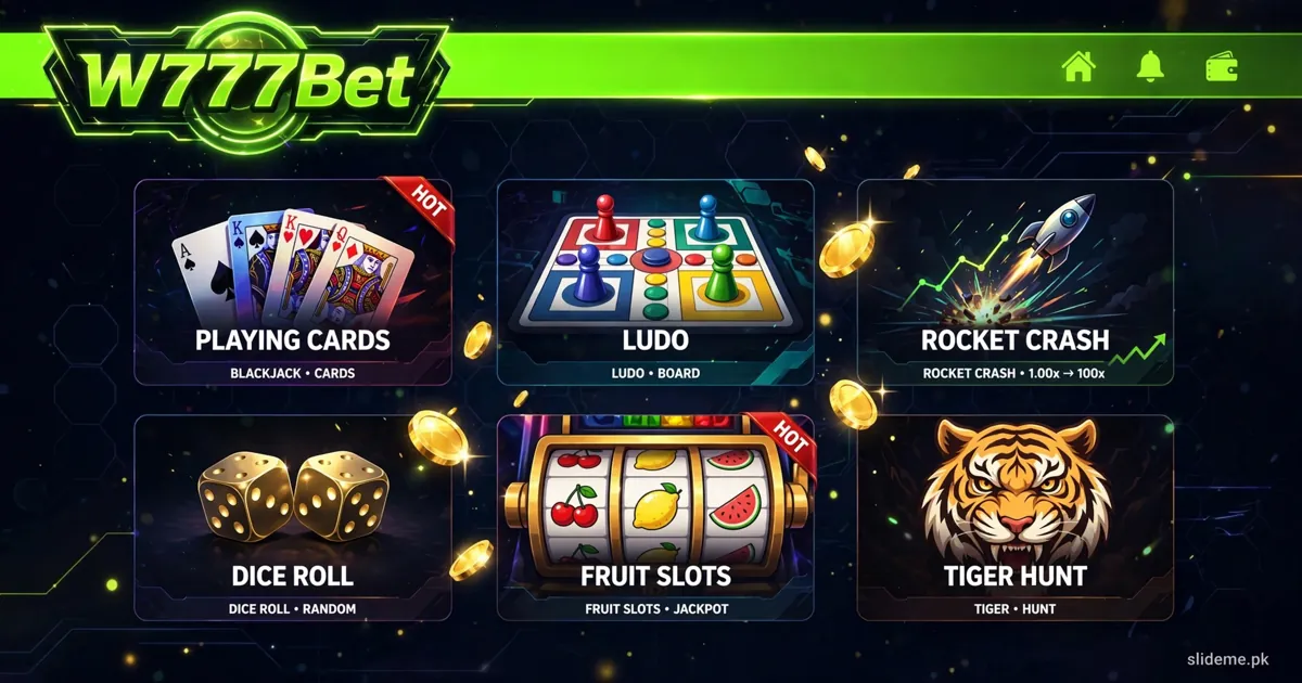 W777Bet dark game lobby with playing cards, ludo, rocket crash and fruit slot tiles