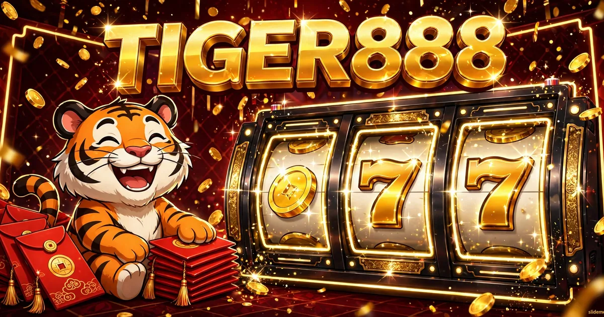 Tiger888 slot games banner with cartoon tiger mascot and gold coins