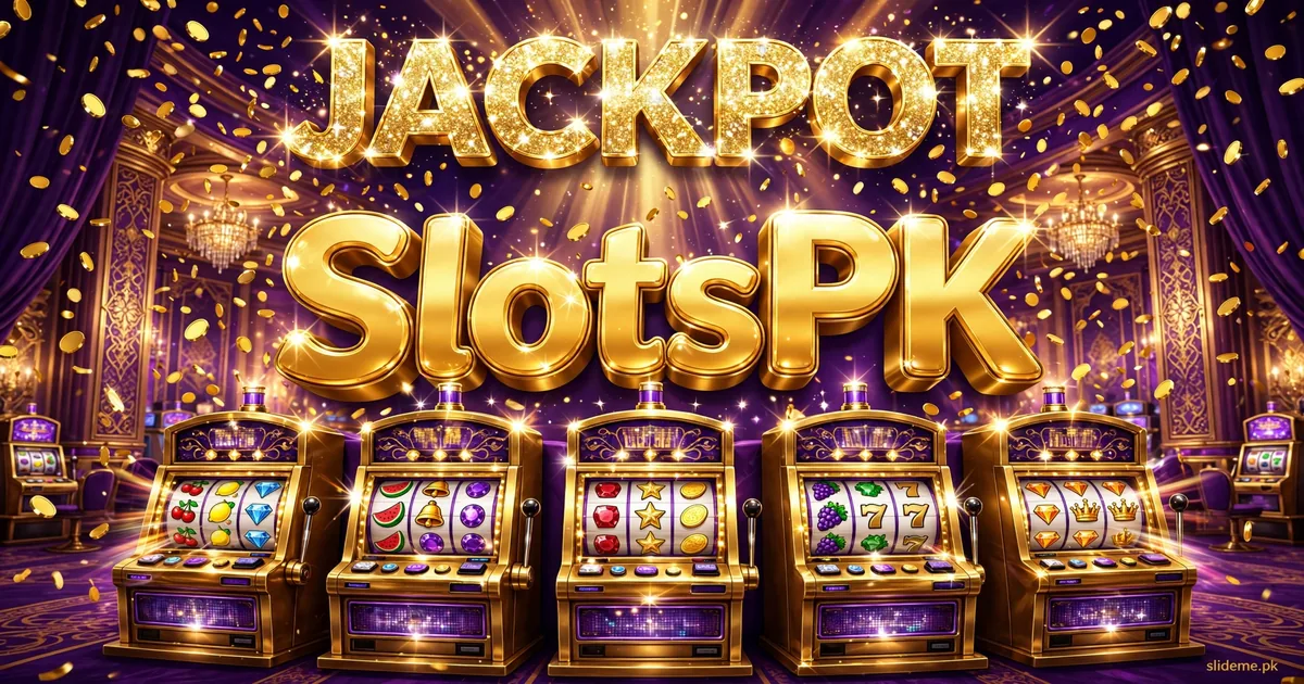 SlotsPK slots lineup – golden jackpot slot machines in a purple casino hall
