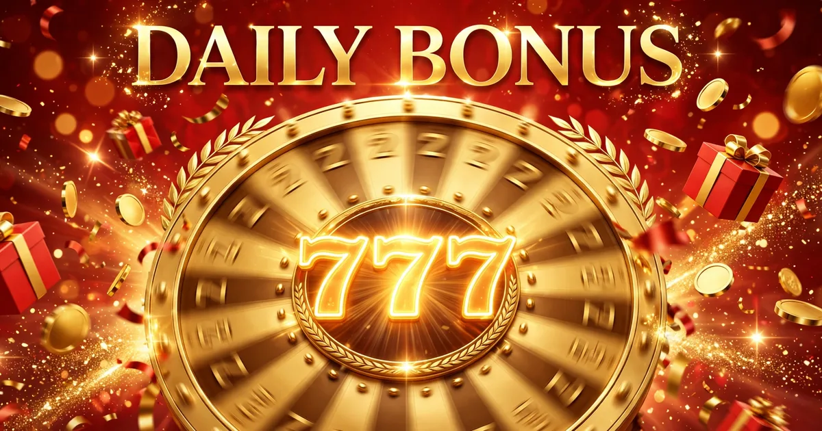 777 Game daily bonus prize wheel with gift boxes, gold coins and slideme.pk badge