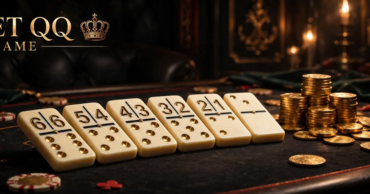 Domino QQ table in BetQQ Game with ivory domino tiles, gold coins and casino chips