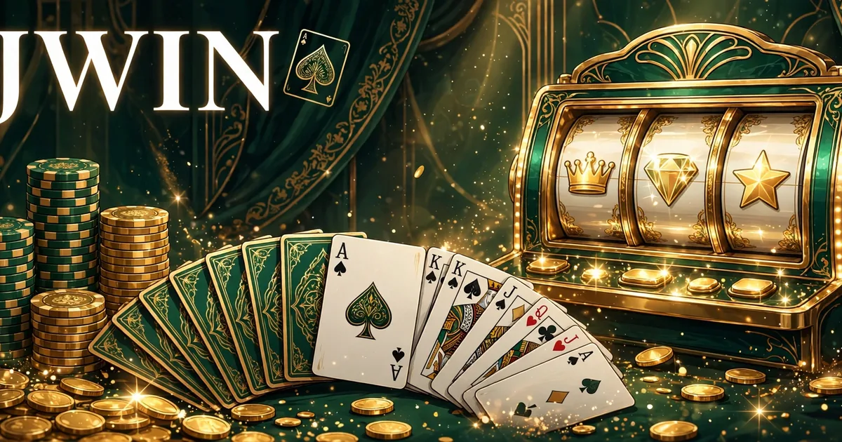 JJWIN casino lobby banner with slot machine, playing cards and poker chips in green and gold