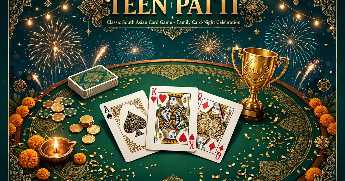 Teen Patti No.1 game festive card table with playing cards, gold coins and No.1 trophy