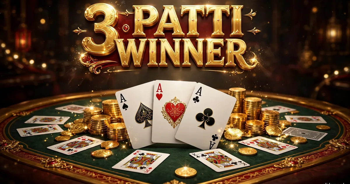 3 Patti Winner card table with three aces, gold chips, and gold coins