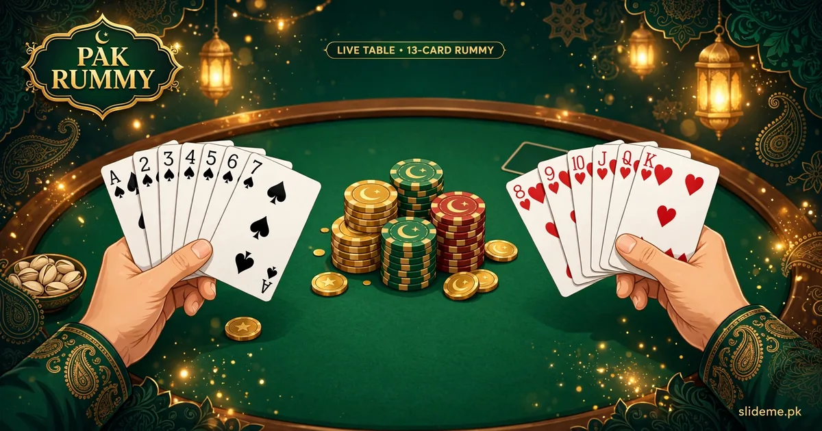 Pak Rummy 13-card rummy live table with gold chips and cards