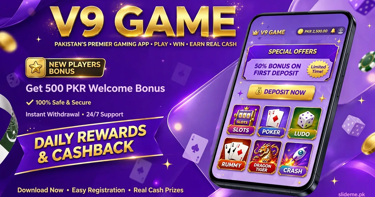 V9 Game purple lobby on a smartphone with game tiles banner