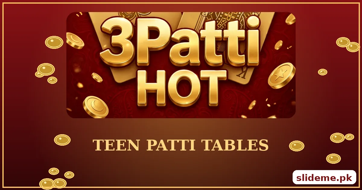 3 Patti Hot Game Teen Patti tables banner with gold 3Patti HOT logo on deep red background