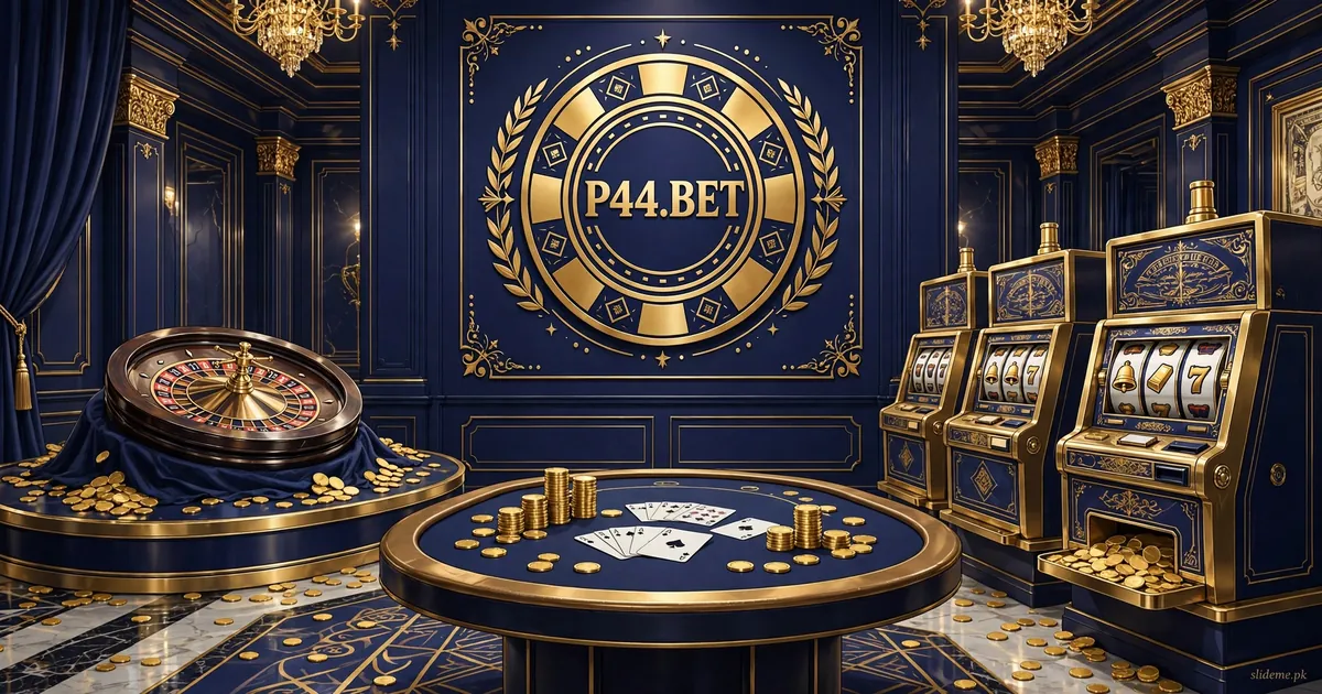P44 Bet Game casino lobby banner — gold P44.BET chip emblem with roulette wheel and slot reels on royal navy