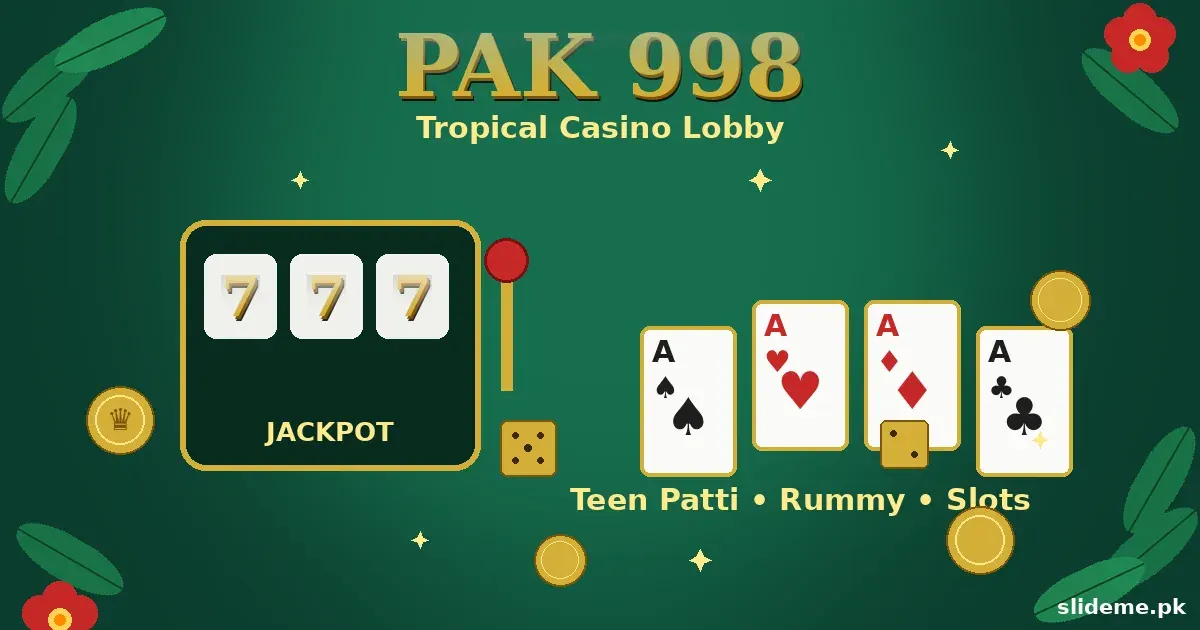 Pak998 Game lobby banner — emerald-green tropical casino lobby with gold PAK 998 lettering, 777 slot reel and playing cards