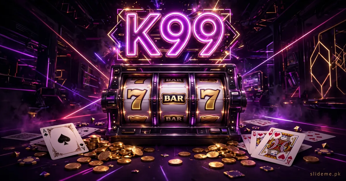 K99 Game casino lobby banner with neon K99 sign, slot machine reels and playing cards