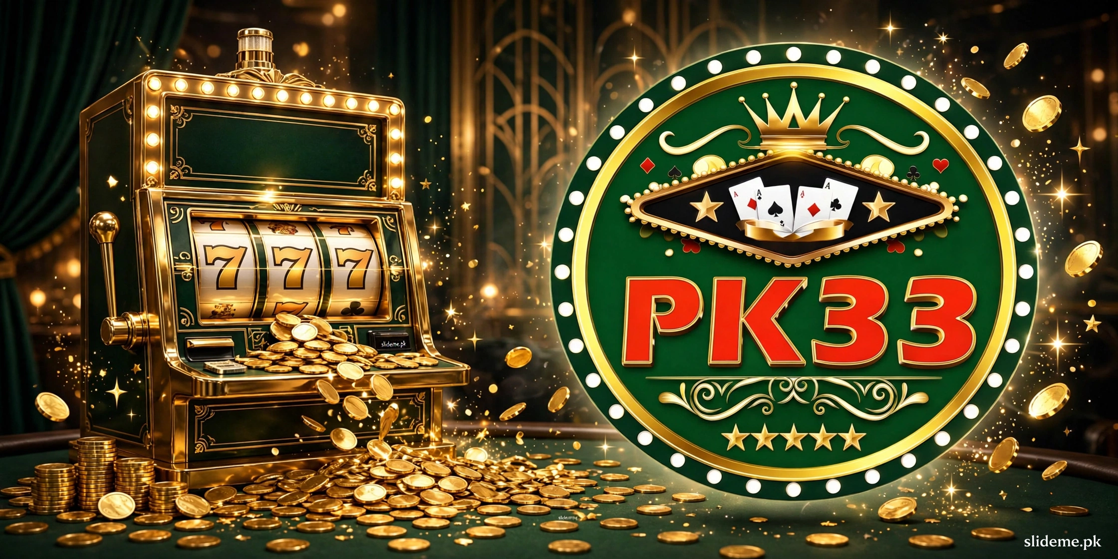 PK33 Game Android casino lobby — green-gold slot reels featuring Fortune Gems by JILI with slideme.pk branding
