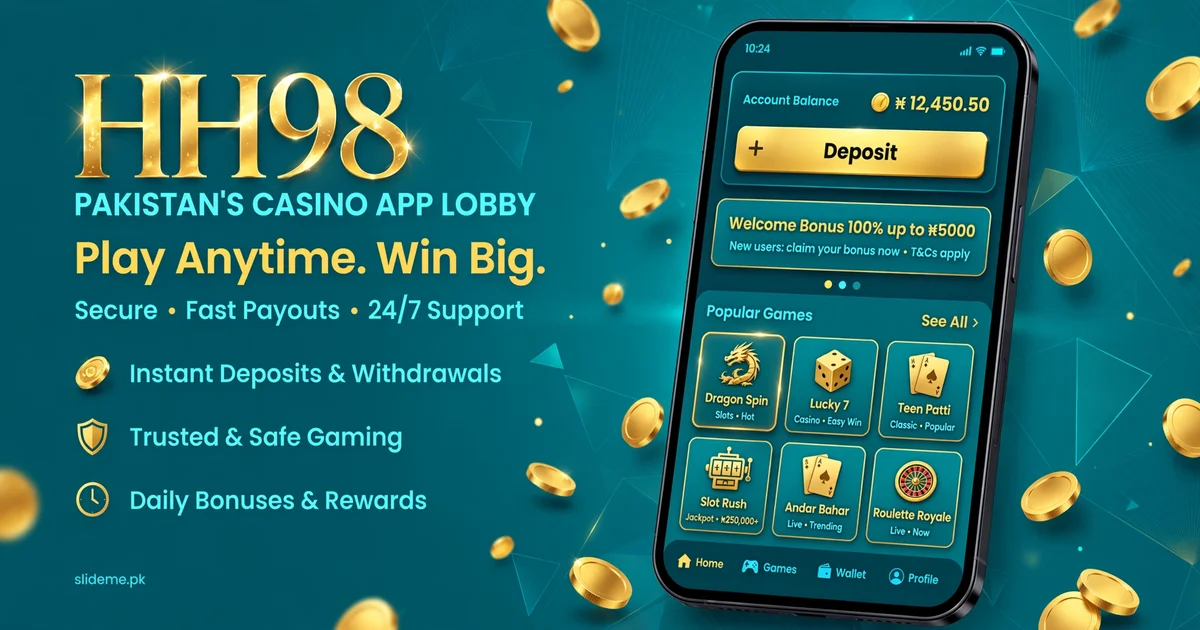 HH98 Game app lobby — teal casino lobby with balance panel, deposit button and game cards