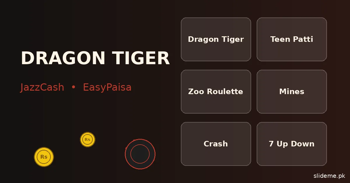 Dragon Tiger Game lobby showing Dragon vs Tiger, Teen Patti and Crash tables