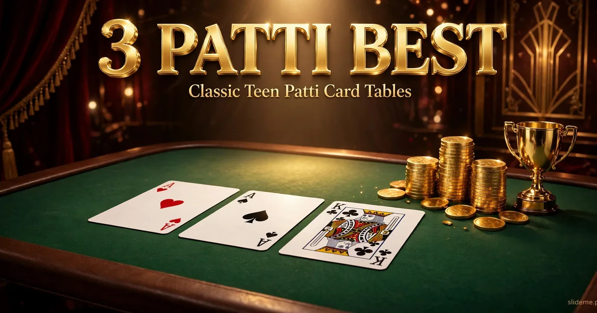3 Patti Best Teen Patti card table with aces, gold coins and trophy