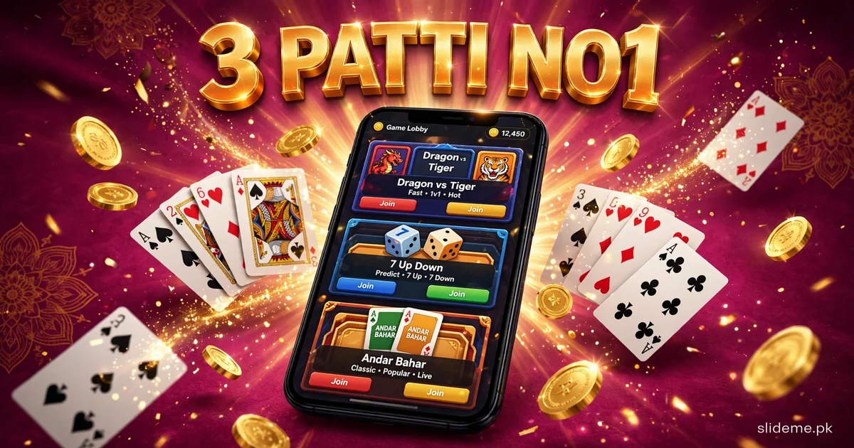 3 Patti No1 game lobby on smartphone showing Dragon vs Tiger, 7 Up Down and Andar Bahar tables