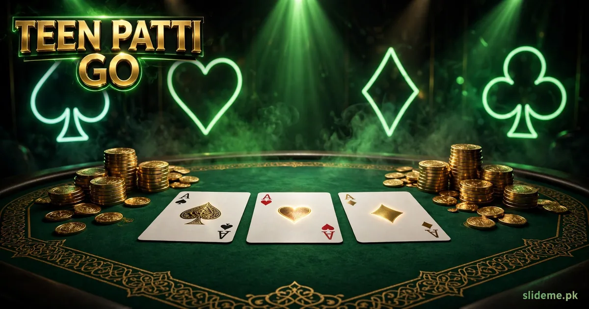 Teen Patti Go live card tables with gold chips and neon green casino lights