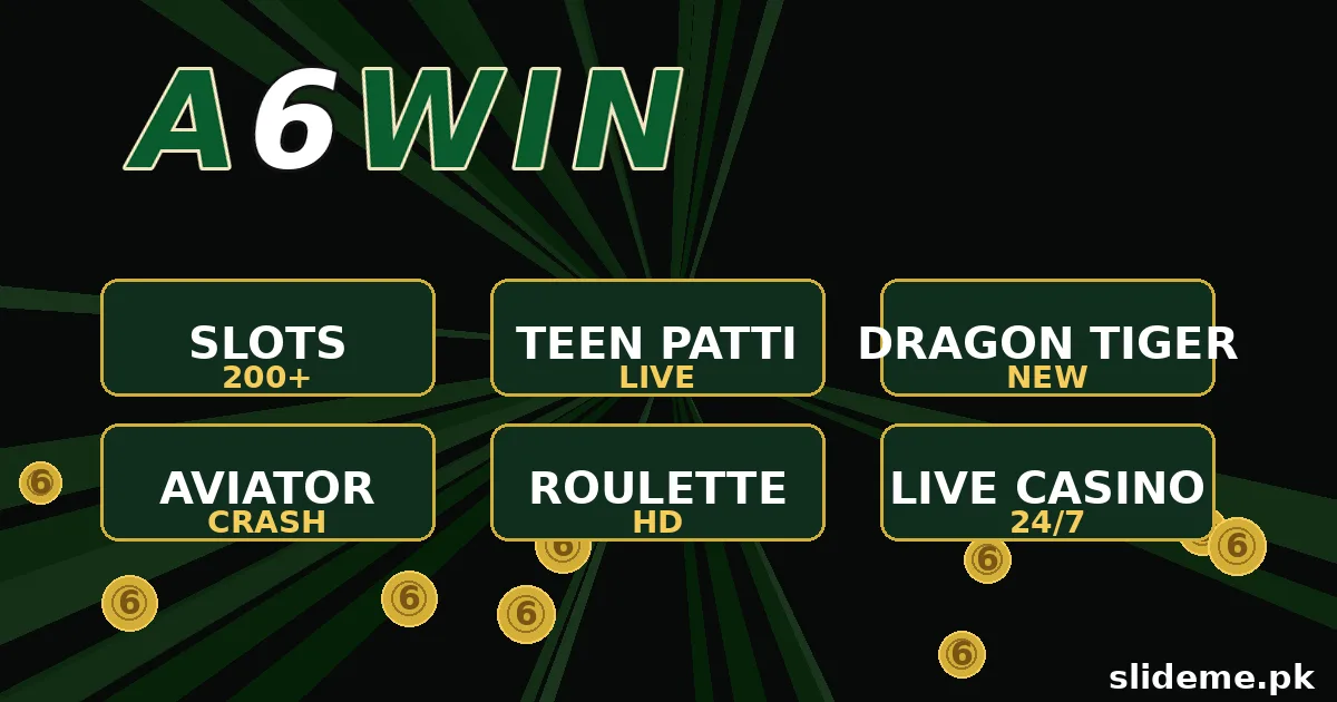 A6WIN Game lobby banner showing slots, Teen Patti, Dragon Tiger, Aviator, Roulette and live casino game tiles