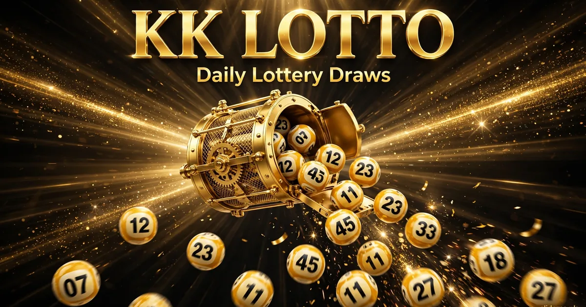 KK Lotto daily lottery draws banner with golden lottery machine and numbered balls