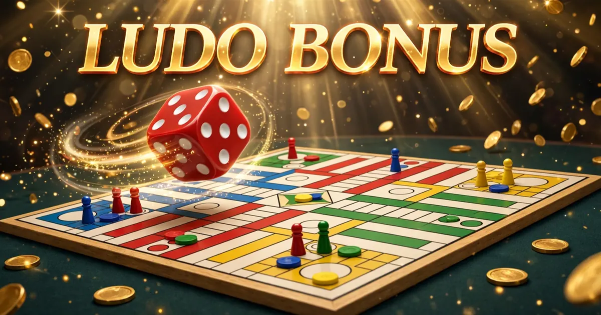 Ludo Bonus game board with rolling dice and gold coins — play Ludo online and win real cash