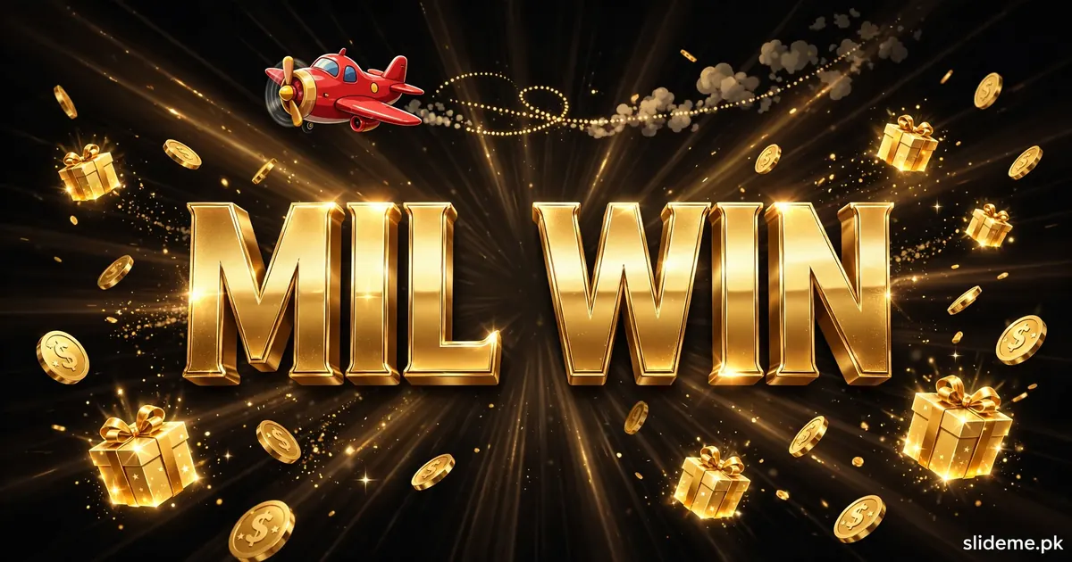 Mil Win game bonuses banner — gold Mil Win logo with coins and bonus gift boxes on a black casino background