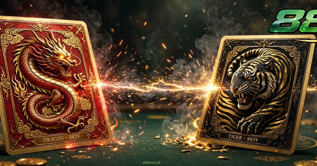 Dragon vs Tiger card duel artwork for 883V Game with gold coins and the 883V logo