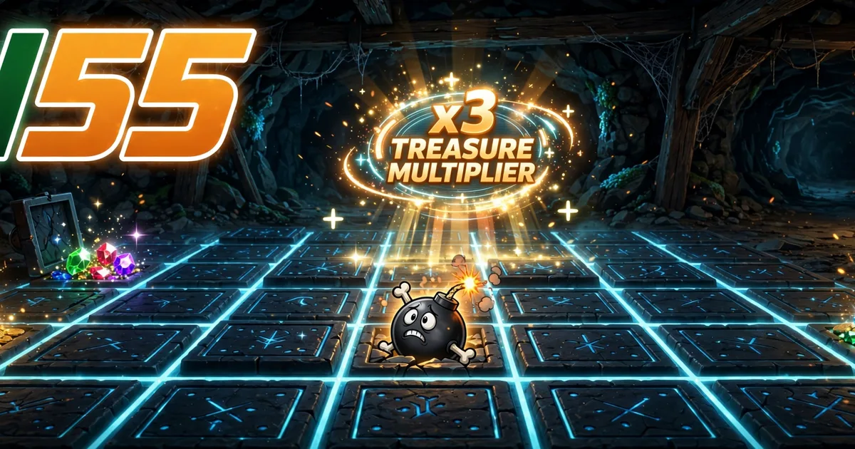 Hidden Mines mode in BN55 Game: dark minefield grid with gold tiles and rising multiplier