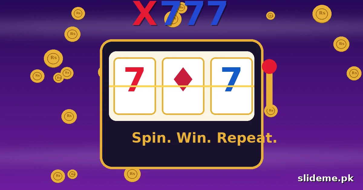 X777 slot machine with three 7 reels, payline and gold coins