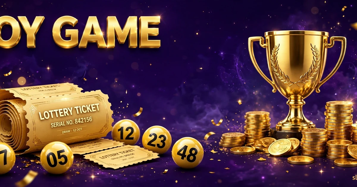 Joy Game lottery banner — golden lottery tickets, numbered balls, trophy and gold coins on purple