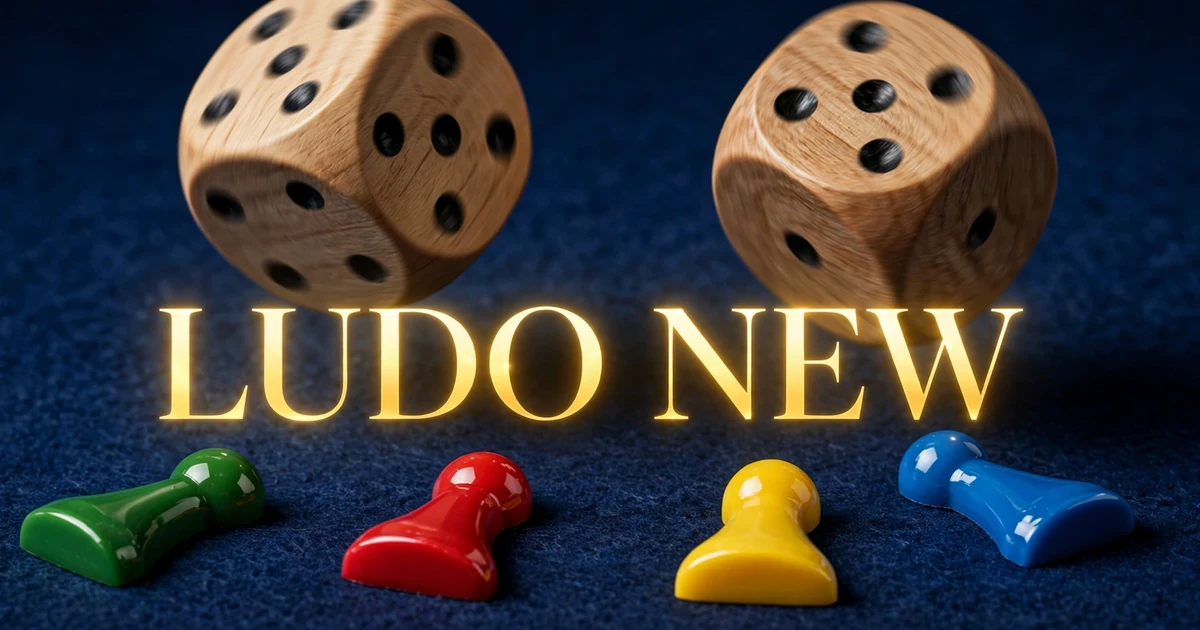 Ludo New Game wooden dice rolling over deep blue background with colored tokens