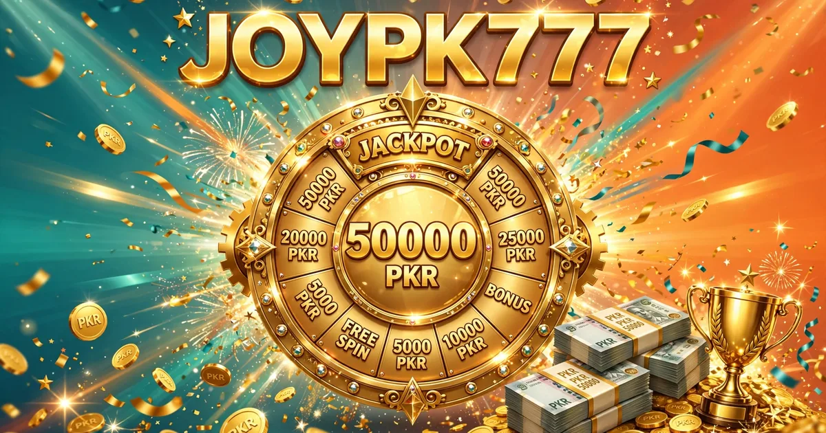 JOYPK777 lottery jackpot celebration with gold coins, PKR prizes and confetti