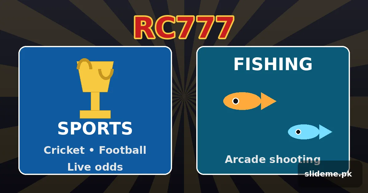 RC777 sports and fishing lobby panels showing a gold trophy and cartoon fish arcade game
